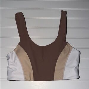 WILO Ribbed Longline Sports Bra Colorblock Brown Tan Cream Size M